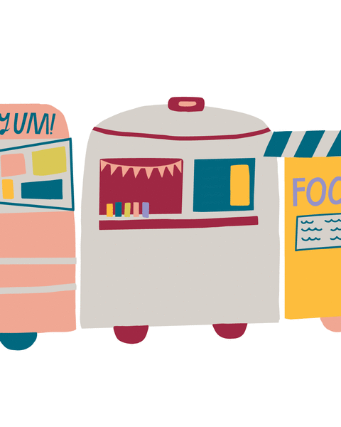 a colorful illustration of three food carts in a row