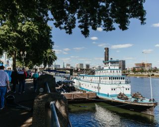 a boat is docked along the portland waterfront
