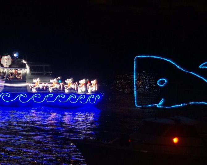 two boats on a river adorned with Christmas lights, one decorated to look like a blue whale