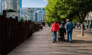 three people — one using a motorized wheelchair, two on foot — traverse a wide wooden walkway beneath flourishing green trees