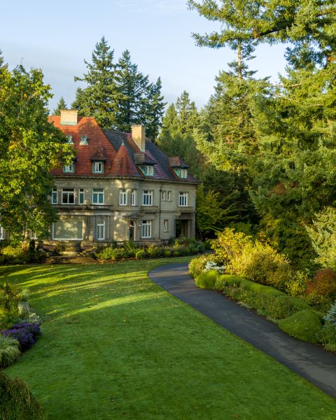 A large stone mansion with red roof surrounded by trees