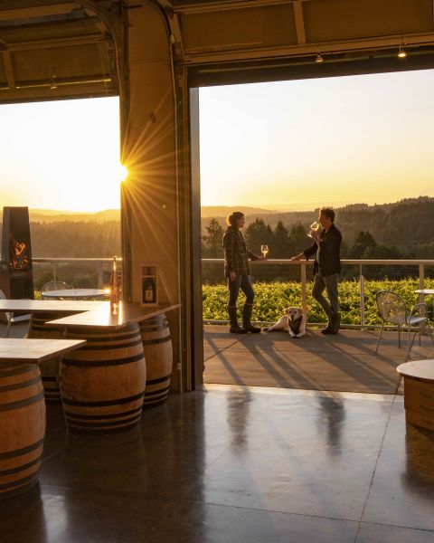 people stand on a patio sipping wine with a view of the valley as the sun sets