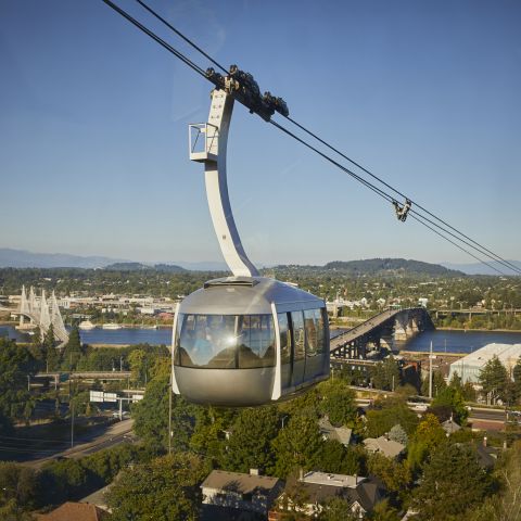 aerial tram car above South Waterfront with view of bridges over the Willamette River, houses and treetops