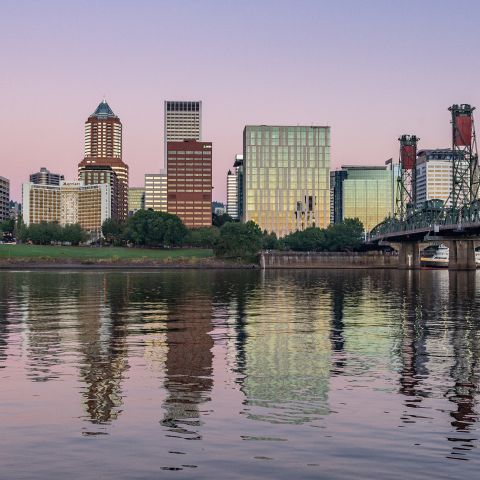 pale pink and purple sky reflect on a river surface with a bridge off to the side and a view of downtown in the background
