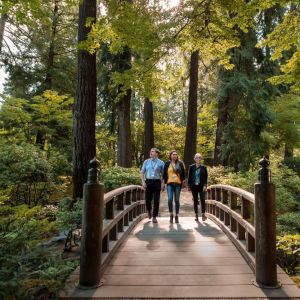 Three people walking over a wooden bridge surrounded by trees.