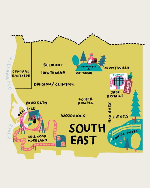 a colorful map of Southeast Portland highlighting prominent neighborhoods and landmarks
