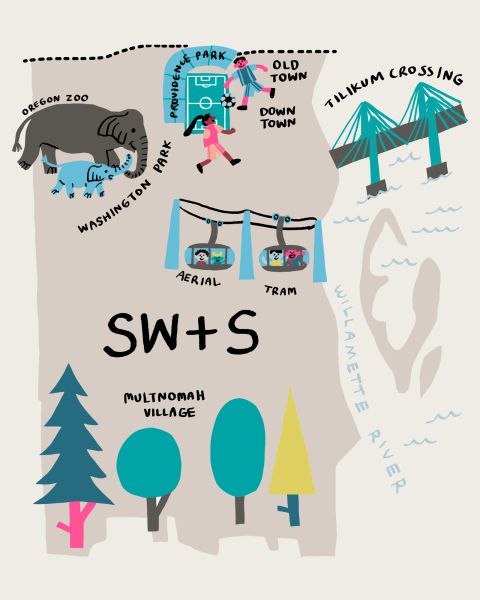 a colorful map of Southwest Portland and South Portland highlighting prominent neighborhoods and landmarks