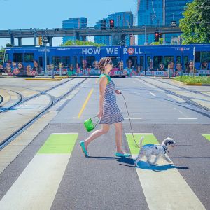 a person walking a dog across a city street