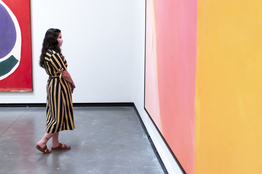 a visitor looks at a large modern art painting in the Portland Art Museum