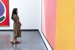 a visitor looks at a large modern art painting in the Portland Art Museum