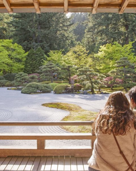 A couple sits viewing a serene flat rock garden surrounded by trees and shrubs.