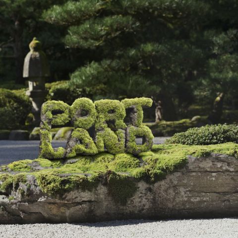 stylized photo showing PORTLAND spelled out in stacked mossy rocks