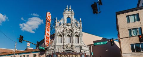A historic movie theater with an ornate facade