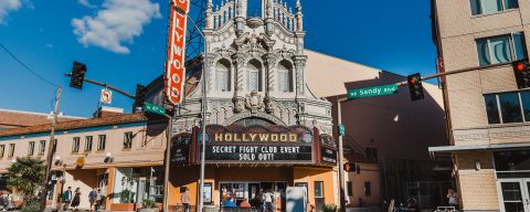 A historic movie theater with an ornate facade