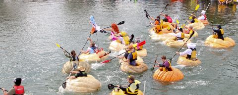 people in costumes paddle boats made of giant pumpkins on a lake while spectators watch on the shore