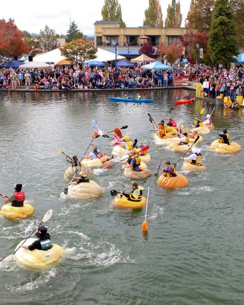 people in costumes paddle boats made of giant pumpkins on a lake while spectators watch on the shore