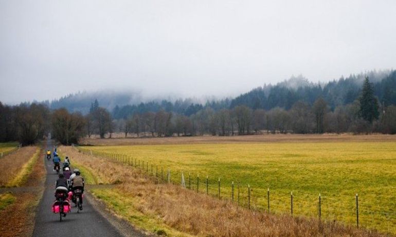 Cyclists riding towards trees beside a field on the Banks-Vernonia State Trail