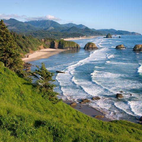 view overlooking Ecola Point, ocean waves crashing on the beach wit h large rock formations