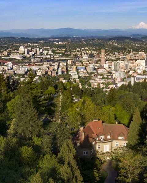 Aerial view of Pittock mansion and the Portland skyline