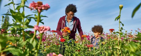 mother and child walking through a field of wildflowers