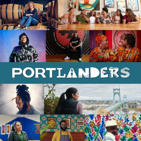 Nine photographs of people in different settings are combined around a central graphic reading \"Portlanders\"