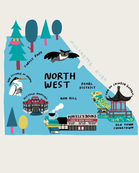 a colorful map of Northwest Portland highlighting prominent neighborhoods and landmarks