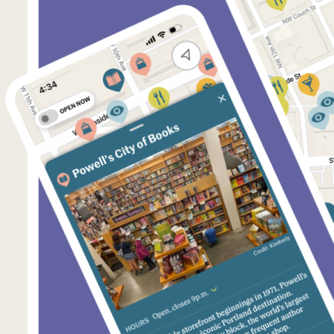 screenshots of the near me now map-based app with link to download from the apple app store.