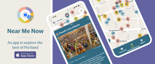 screenshots of the near me now map-based app with link to download from the apple app store.
