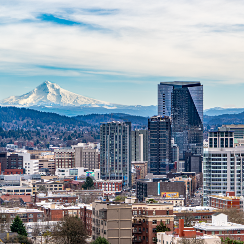 an overhead view of the Portland skyline with the snowy peak of Mount Hood in the background